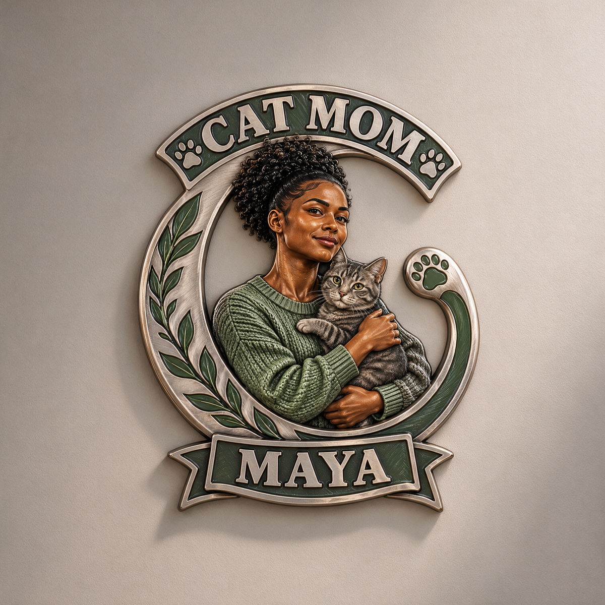Panneau en Métal Découpé Personnalisé Photo Maman Chat Imprimé en 3D - Cadeau pour Jeunes Femmes