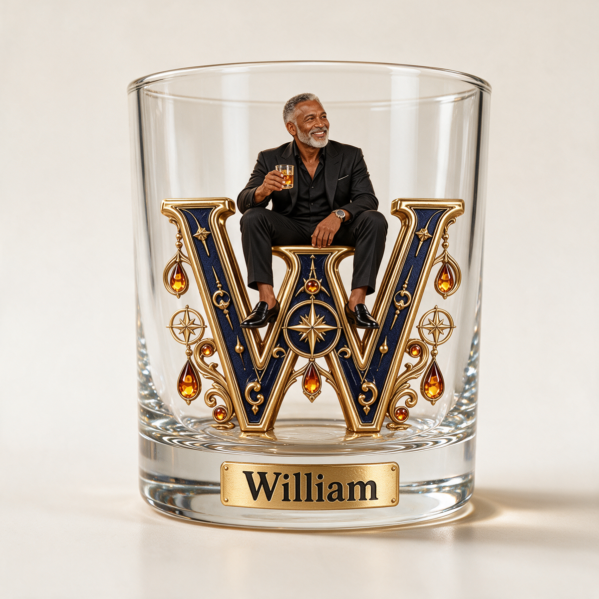 Personalized Custom Photo Celestial Monogram Whiskey Glass - Gift for Older Men Who Love Whiskey
