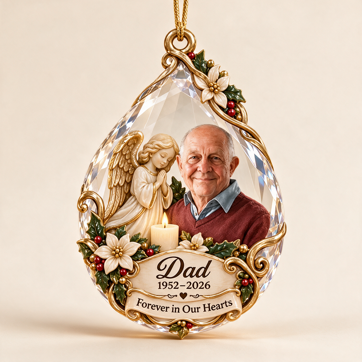 Personalized Custom Photo Dad Memorial Angel Candle Teardrop 3D Ornament - Christmas Remembrance Keepsake