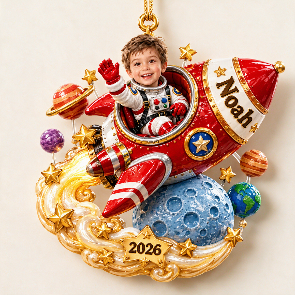 Personalized Custom Photo Rocket 3D Ornament - 2026 Christmas Gift for Boys