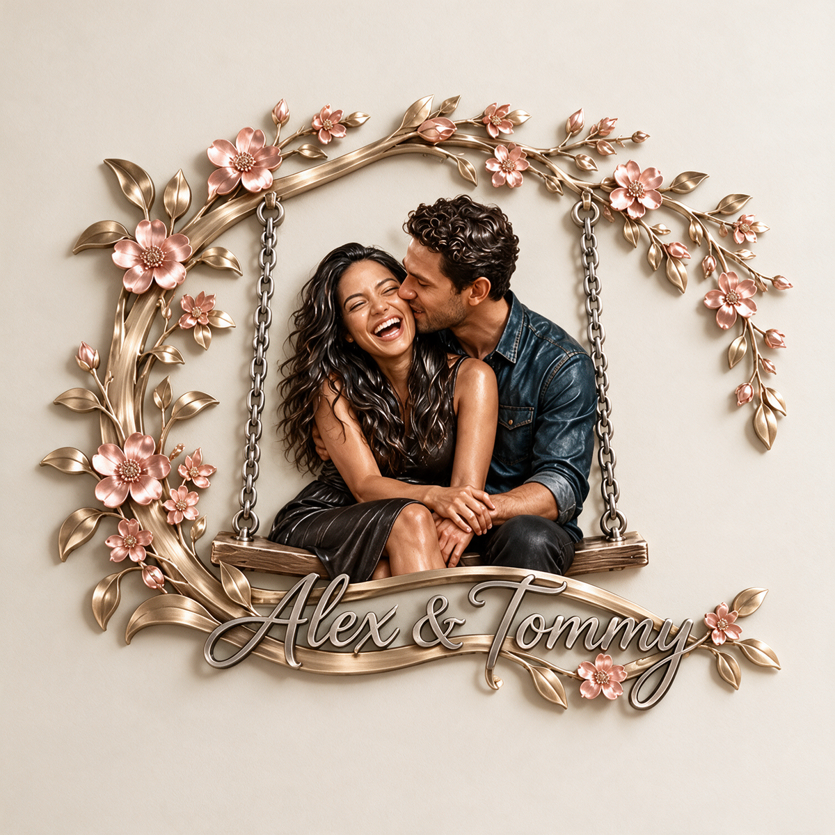 Art mural en métal 3D personnalisé avec photo florale - Cadeau pour couples