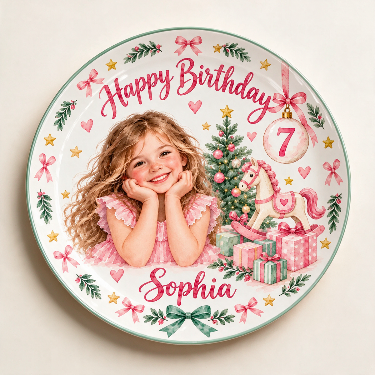 Personalized Birthday Ceramic Round Plate - Pink Christmas Portrait, Rocking Horse, Custom Name and Age