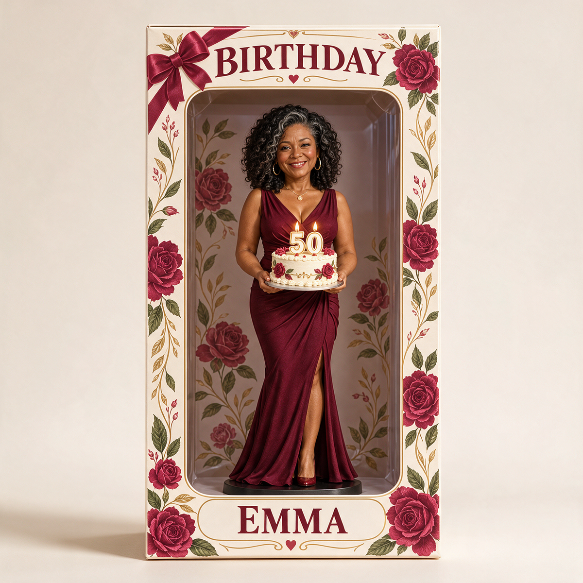 Personalisierte Foto-Rote Rose Figurinen-Displaybox - 50. Geburtstagsgeschenk für Frauen