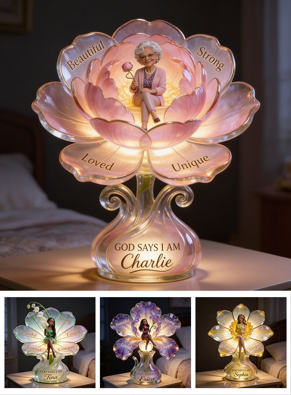 Personalized Older Black Woman Lotus Acrylic LED Night Light Mom Grandma Wife Gift