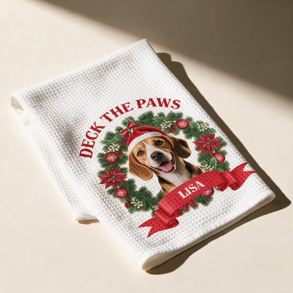 Personalized Christmas Beagle Kitchen Towel - Deck The Paws Dog Mom Holiday Gift