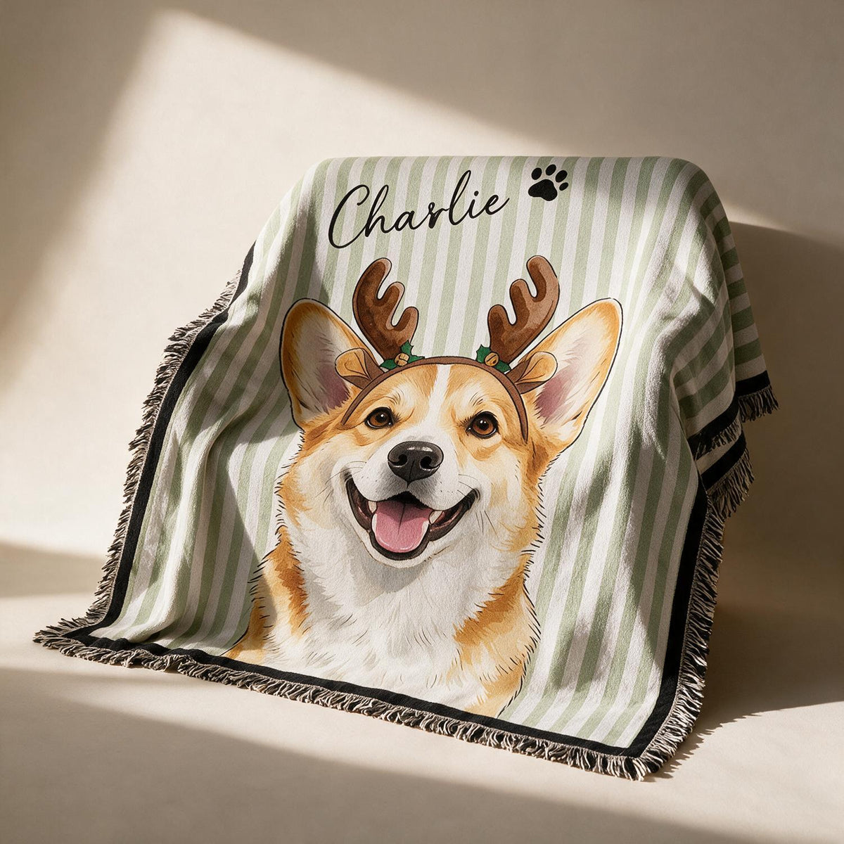 Couverture tissée rayée en Corgi Renne souriant personnalisée, cadeau portrait d'animal