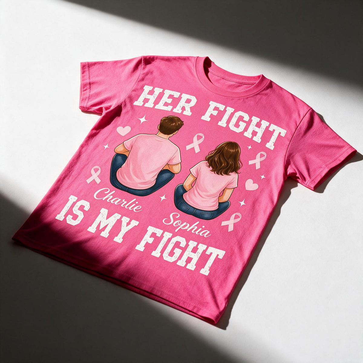 T-shirt Couple Personnalisé pour la Sensibilisation au Cancer du Sein - Son Combat est Mon Combat