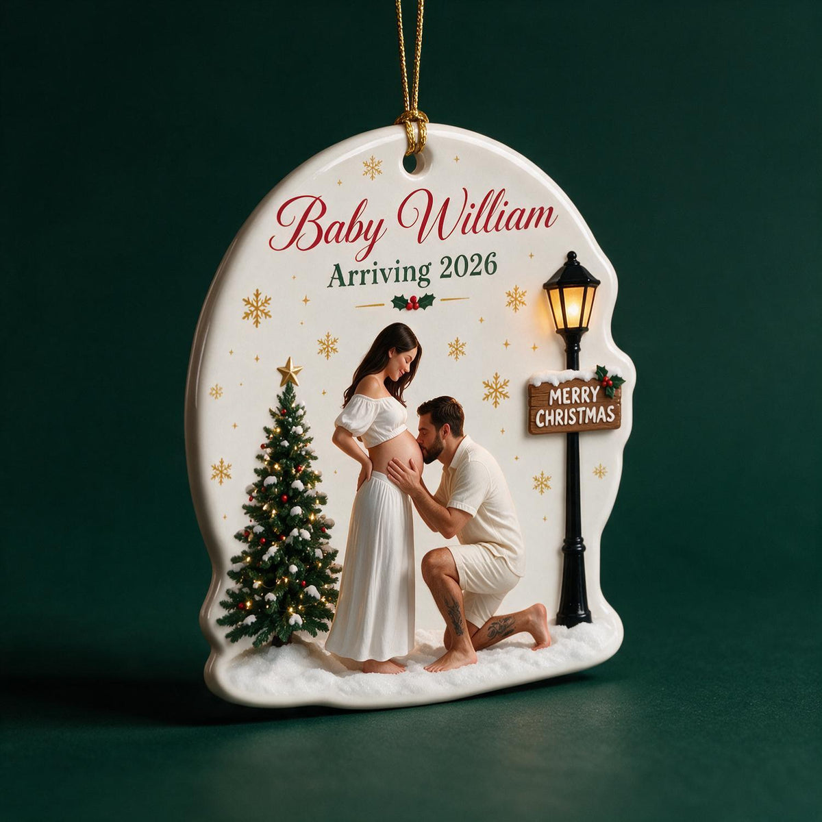 Custom Photo Christmas Expecting Couple Ceramic Ornament - New Baby Announcement, Expecting Parents Gift