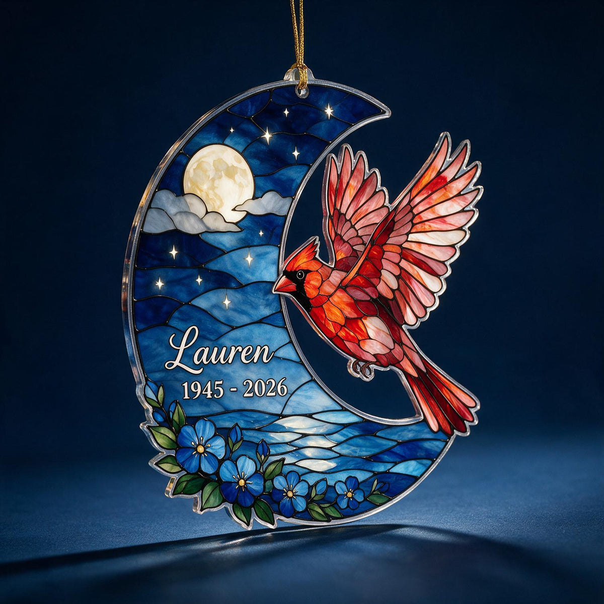 Personalized Memorial Pet Photo Acrylic Ornament - Crescent Moon Stained Glass Style Sympathy Gift
