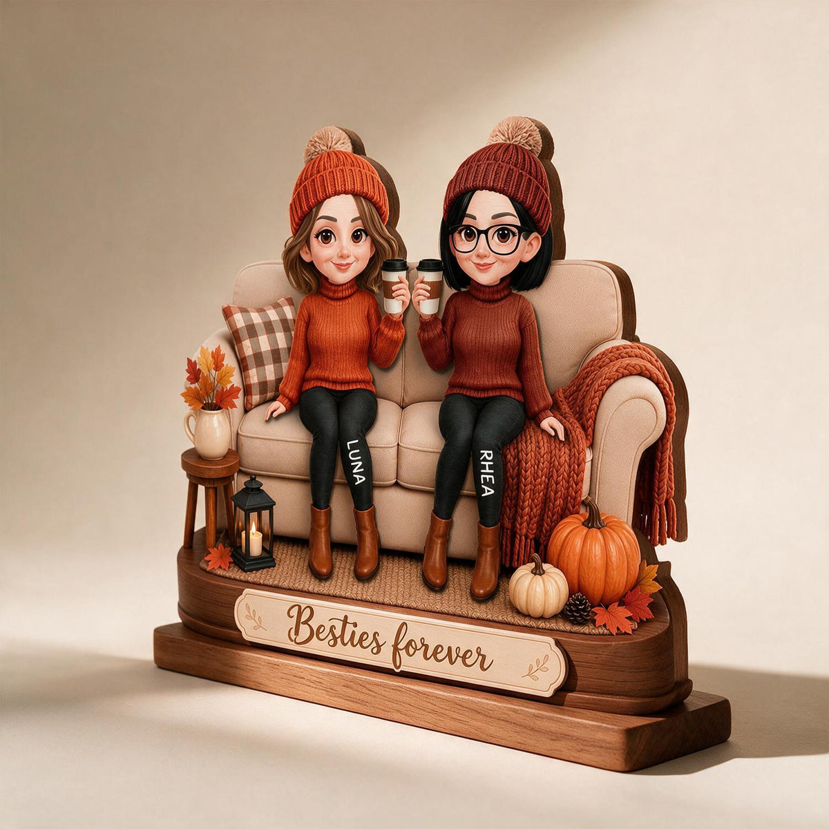 Personalized Fall Besties Forever On Sofa Wooden Plaque, BFF Friendship Gift