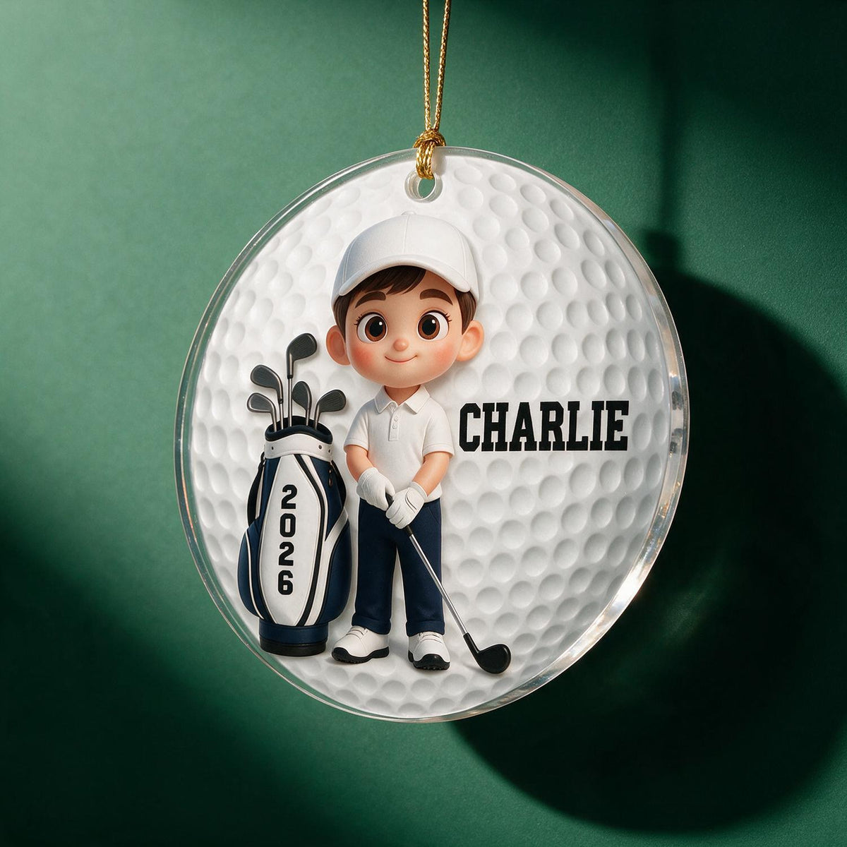 Personalized Christmas Cute Kid Golfer Golf Ball Shaped Acrylic Ornament, Golf Lover Gift