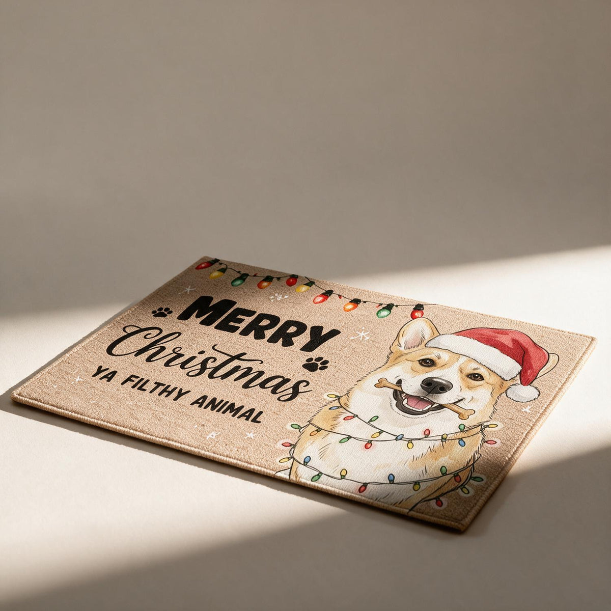 Benutzerdefinierte Foto-Weihnachtsmatte mit lächelndem Corgi und Weihnachtsmann-Hut, Frohe Weihnachten, ihr dreckigen Tiere