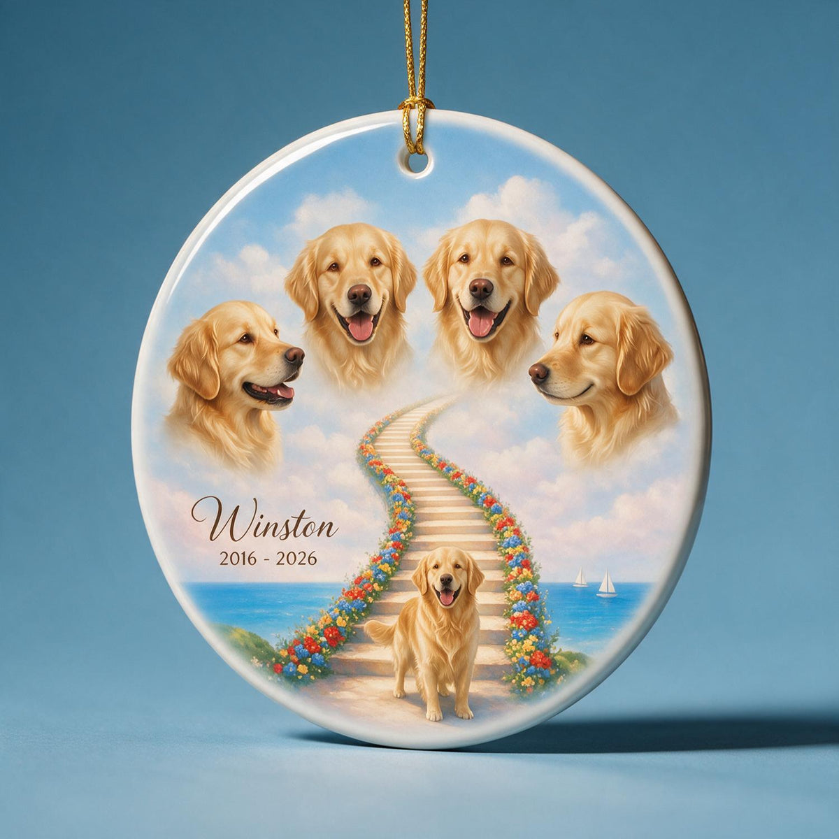 Pet Memorial Stairway To Heaven - Personalized Ceramic Ornament - Custom Pet Photo, Pet Loss Gift, Sympathy Gift