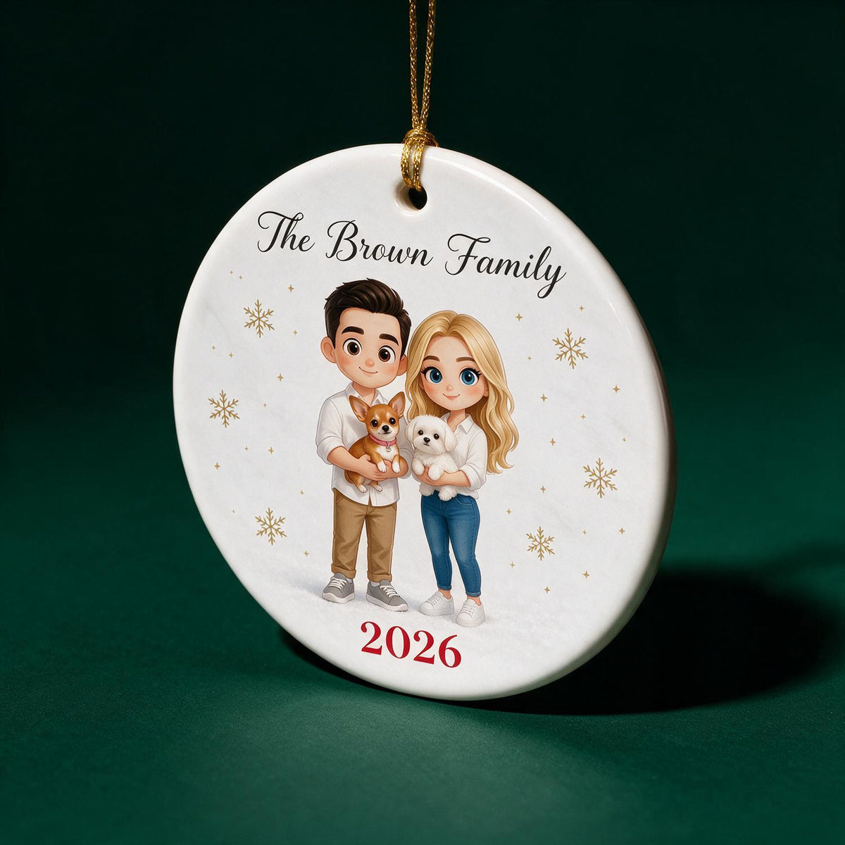 Personalized Christmas Family & Pet Cartoon Portrait Ceramic Ornament Keepsake