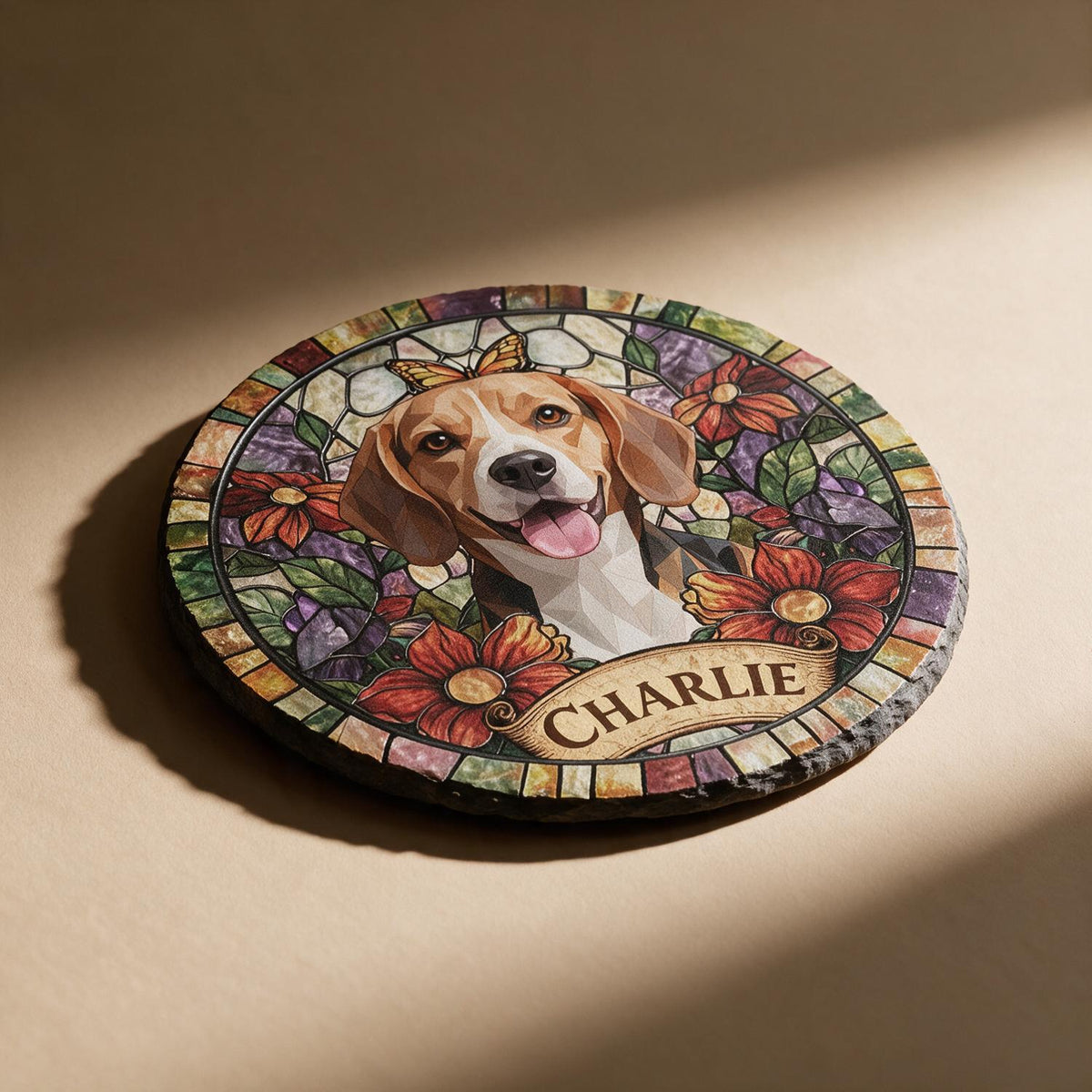 Personalized Smiling Beagle Stained Glass Style Garden Stone Pet Loss Memorial Gift