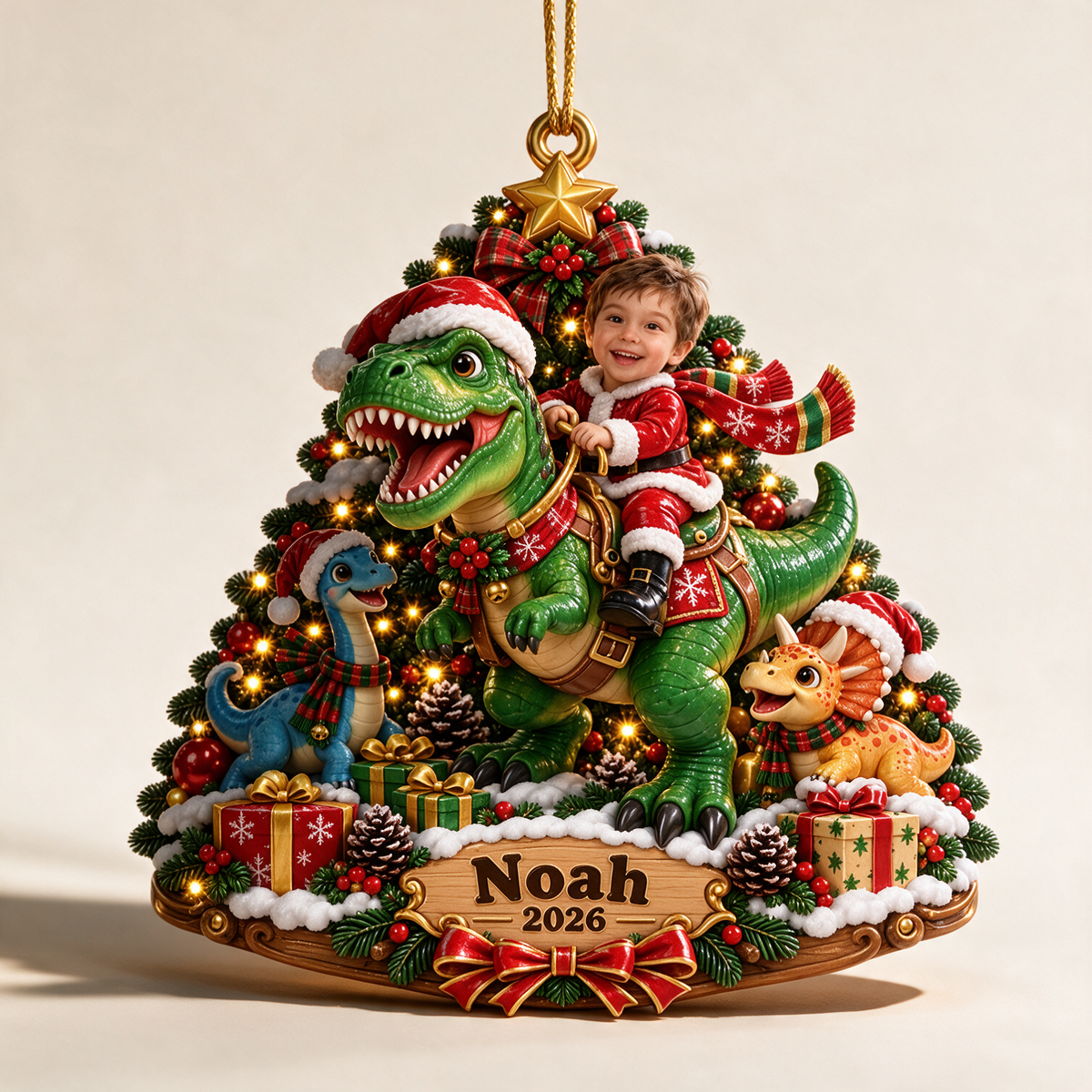 Personalized Custom Photo Dinosaur 3D Ornament - 2026 Christmas Gift for Boys