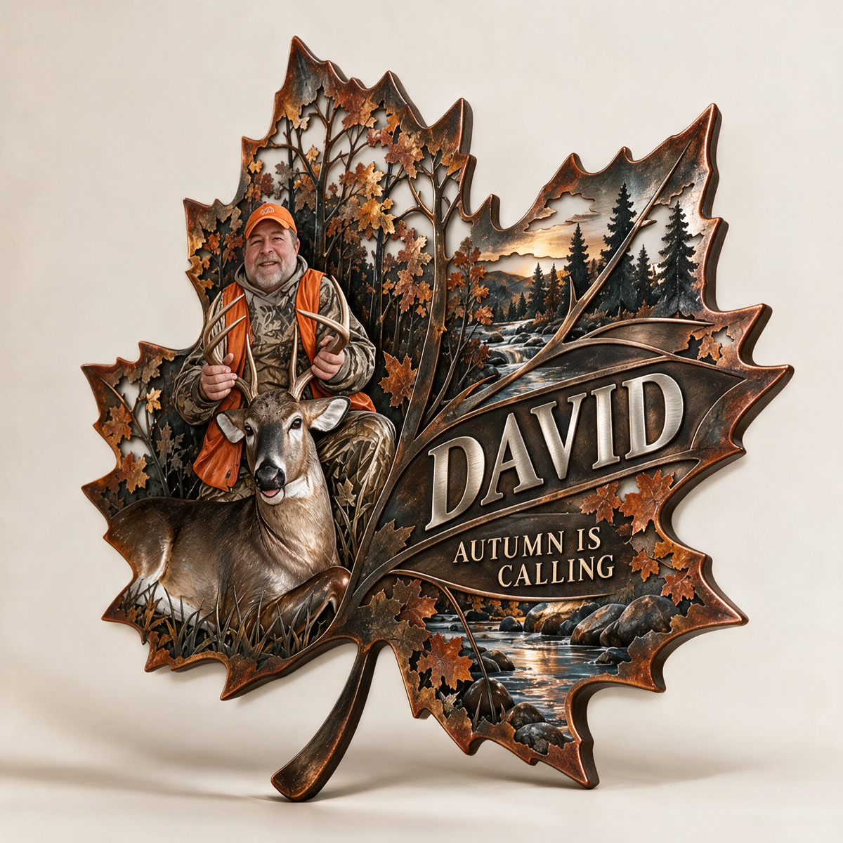 Personalized Hunting Metal Sign - Autumn Maple Leaf Wall Art with Custom Photo, Name and Text