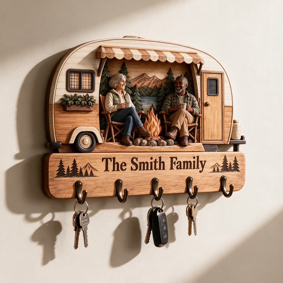 Personalized Camping Key Rack - Camper Shape with 5 Hooks