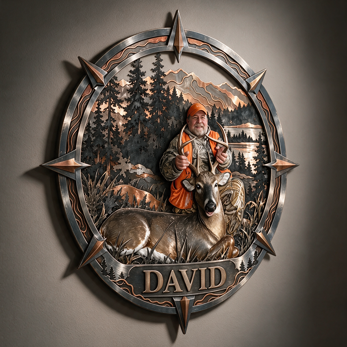 Personalisierte 3D Metall Wandkunst für Jagdfans - Kompassrahmen Geschenk für ältere Männer