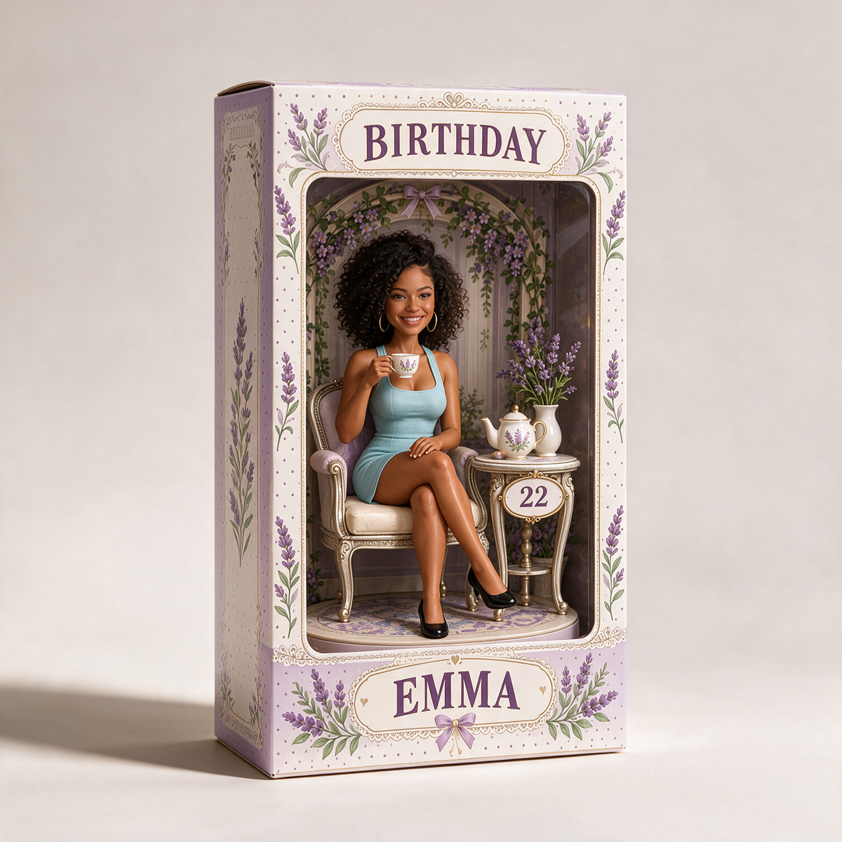 Boîte d'Affichage Figurine d'Anniversaire Personnalisée - Portrait Photo de Thé Lavande avec Nom et Âge Personnalisés