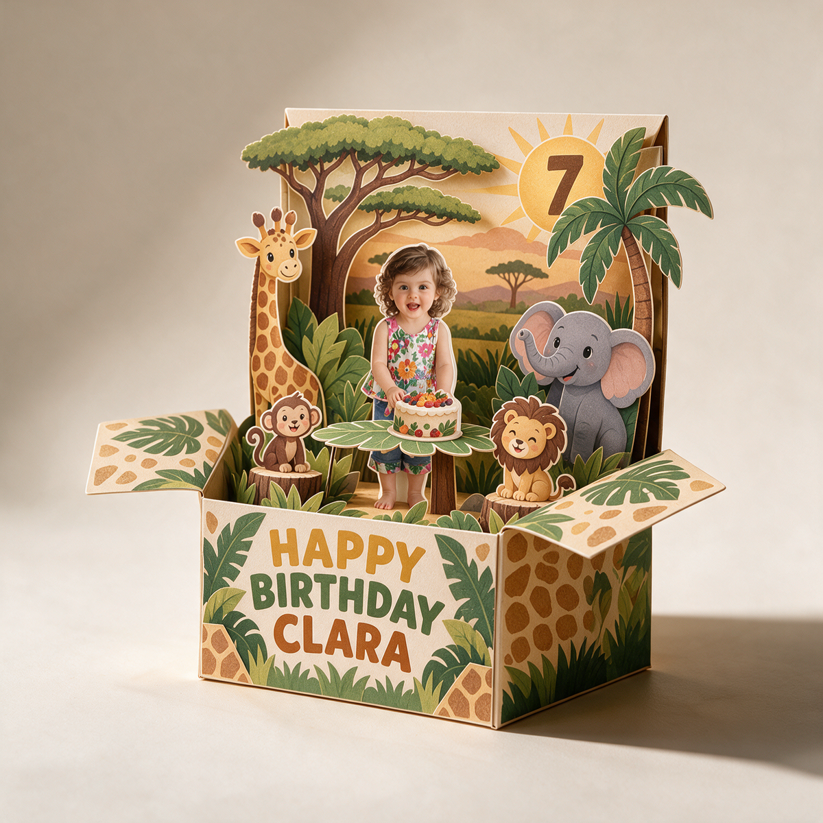 Personalized Safari Birthday Pop Up Box Card - Custom Photo, Name and Age Keepsake