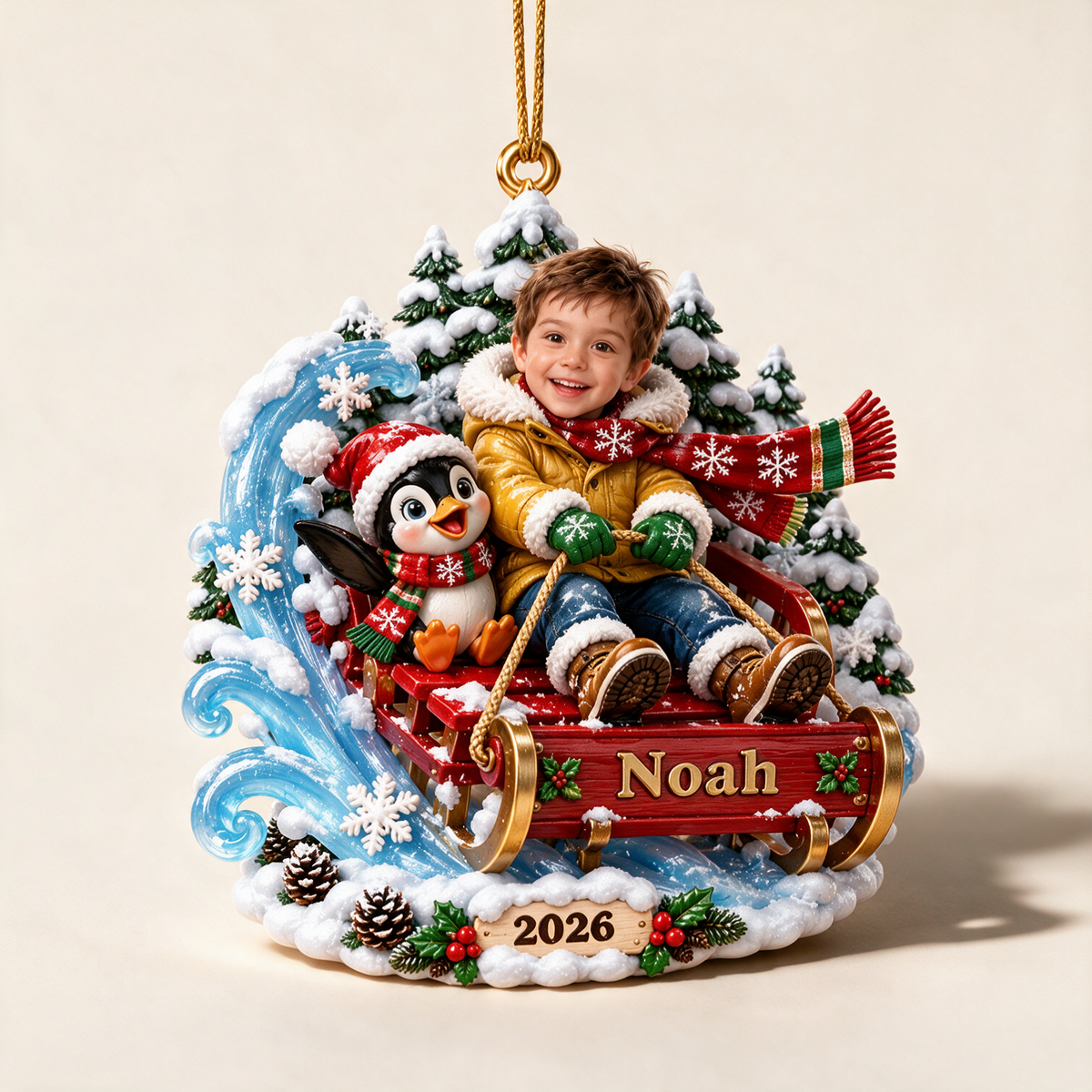 Personalized Custom Photo Sledding 3D Ornament - 2026 Christmas Gift for Boys