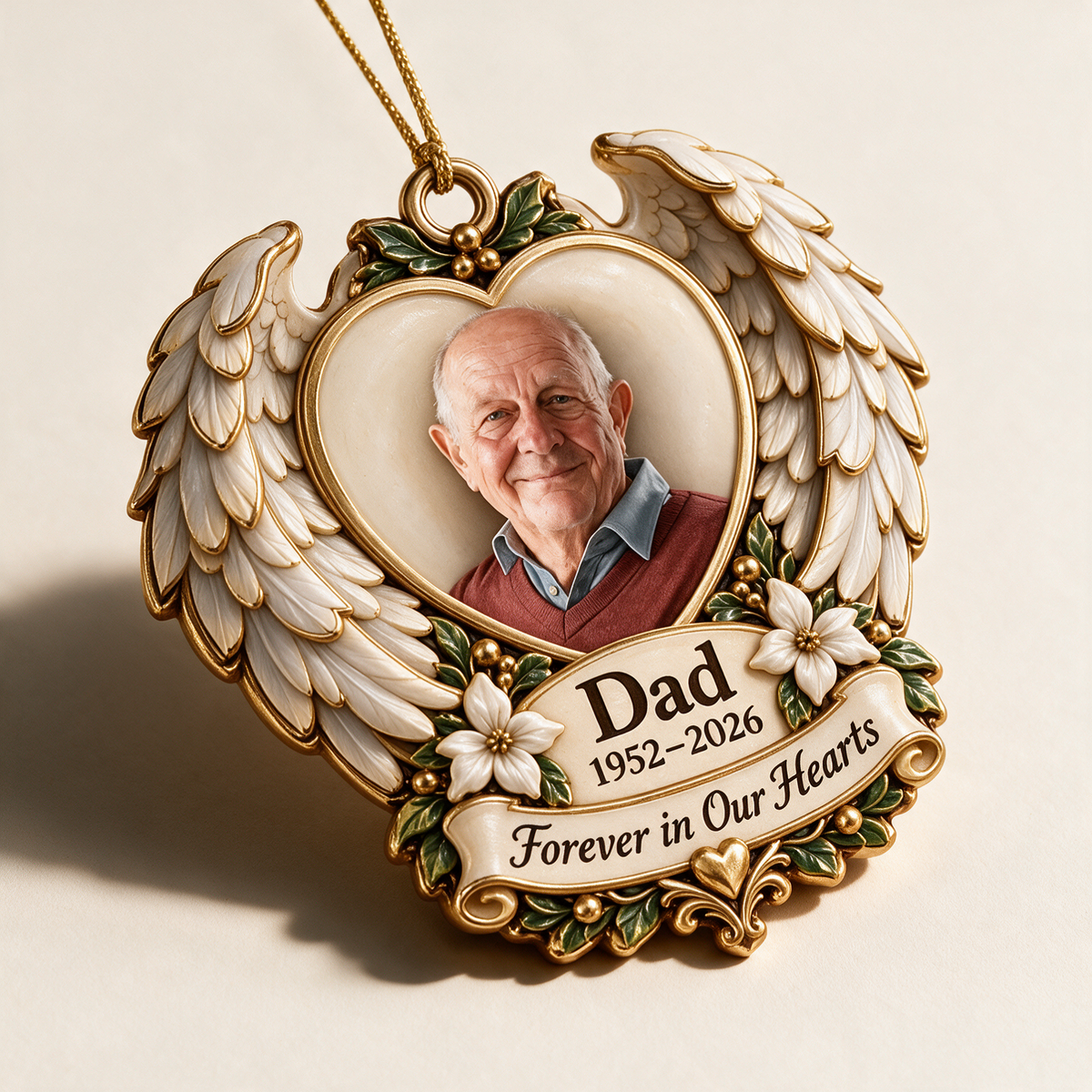 Personalized Custom Photo Dad Memorial Angel Wings Heart 3D Ornament - Christmas Remembrance Keepsake
