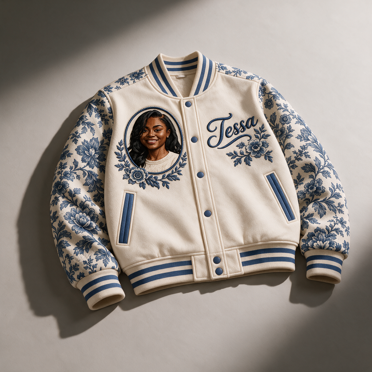 Personalized Botanical Varsity Jacket - Photo Portrait and Name, Modern Toile Style