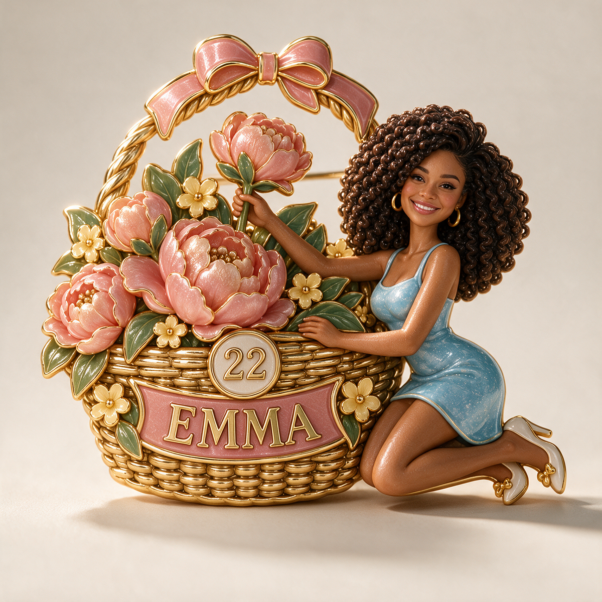 Personalized Birthday Flower Basket Brooch - Sculpted Portrait, Name and Age