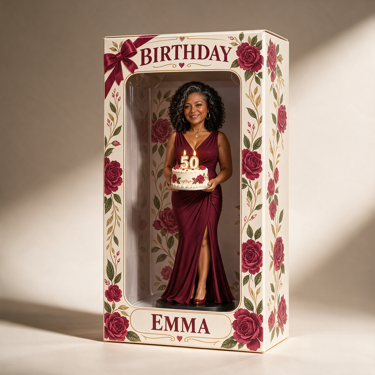 Personalisierte Foto-Rote Rose Figurinen-Displaybox - 50. Geburtstagsgeschenk für Frauen