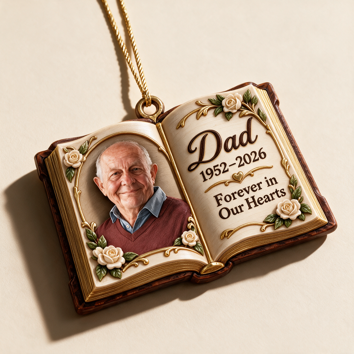 Personalized Custom Photo Dad Memorial Open Book Layered Wood Ornament - Christmas Remembrance Keepsake
