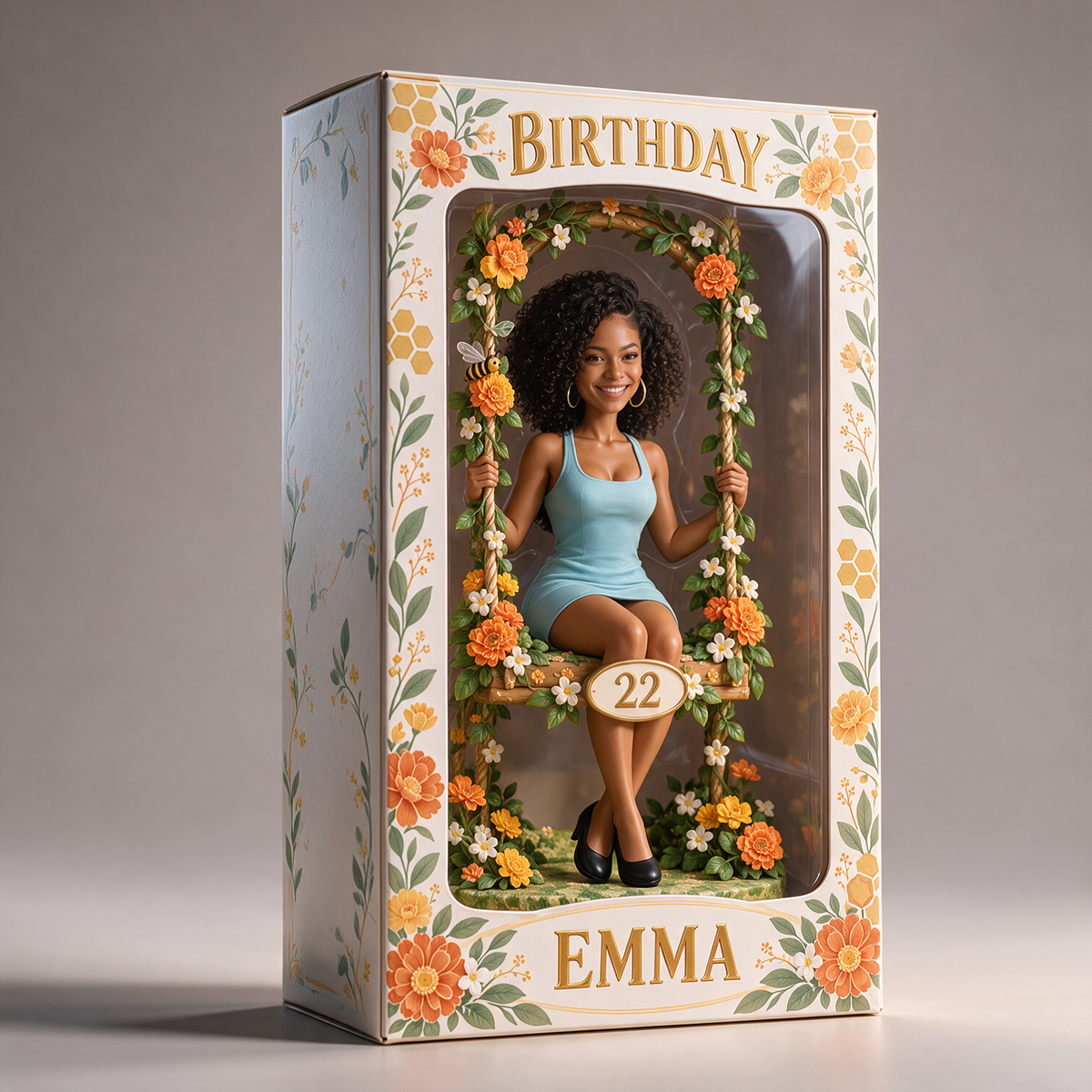 Boîte d'Affichage Florale Personnalisée - Figurine de Portrait d'Anniversaire avec Nom et Âge