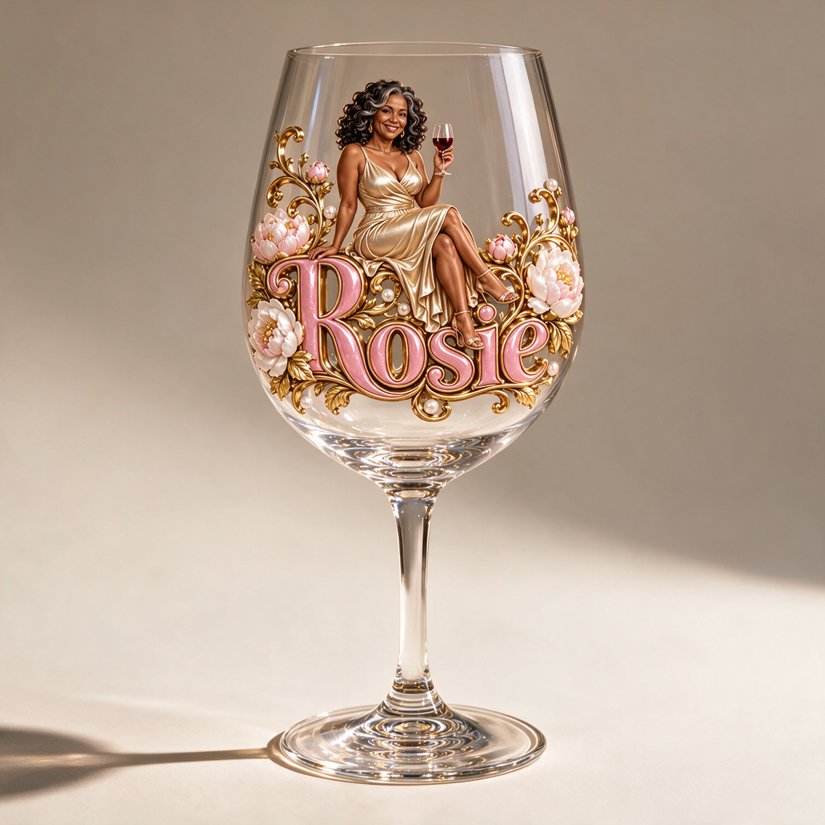 Personalized Custom Photo Peony Wine Glass - Gift for Older Women