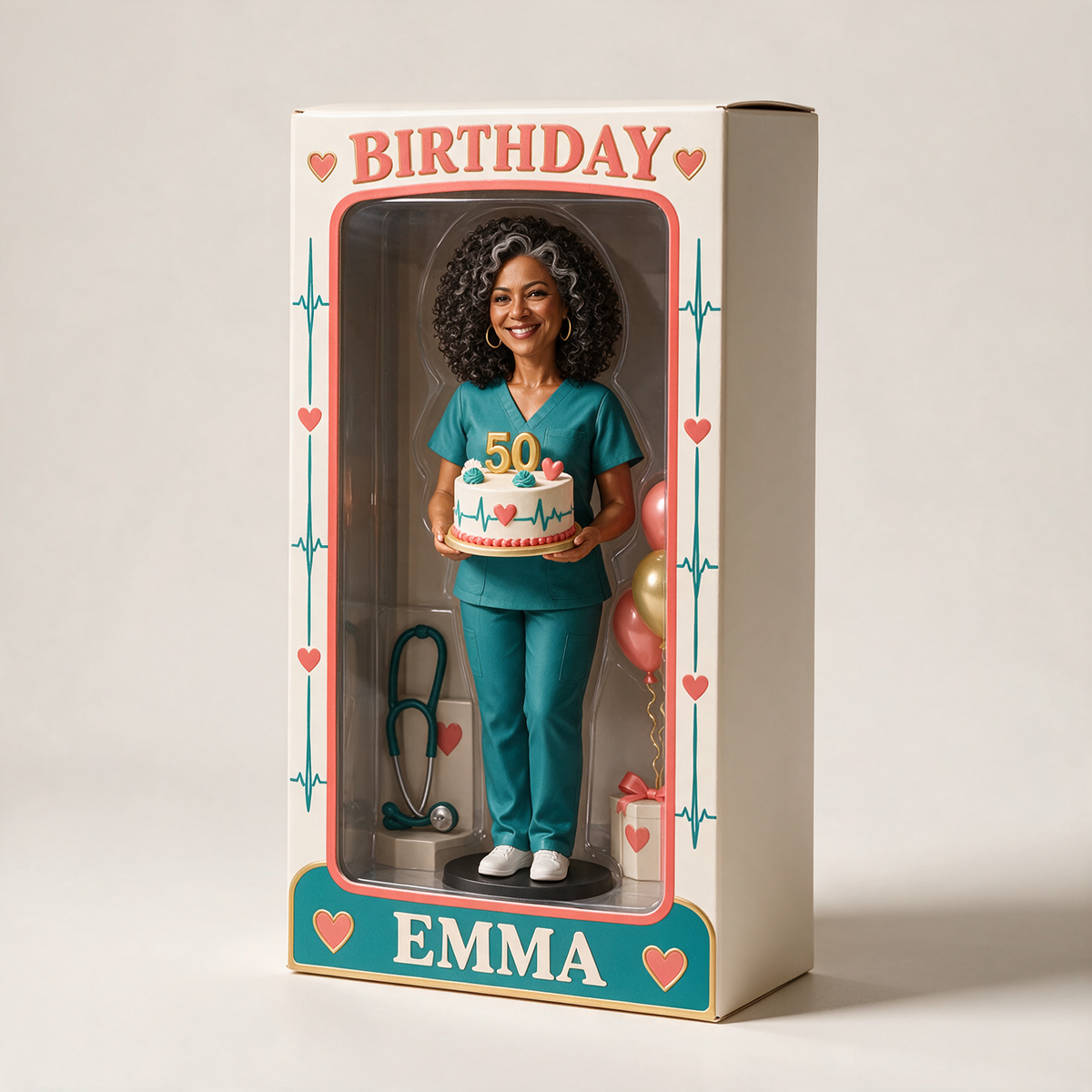 Personalized Nurse Figurine Display Box - Birthday Photo Portrait with Custom Name and Age