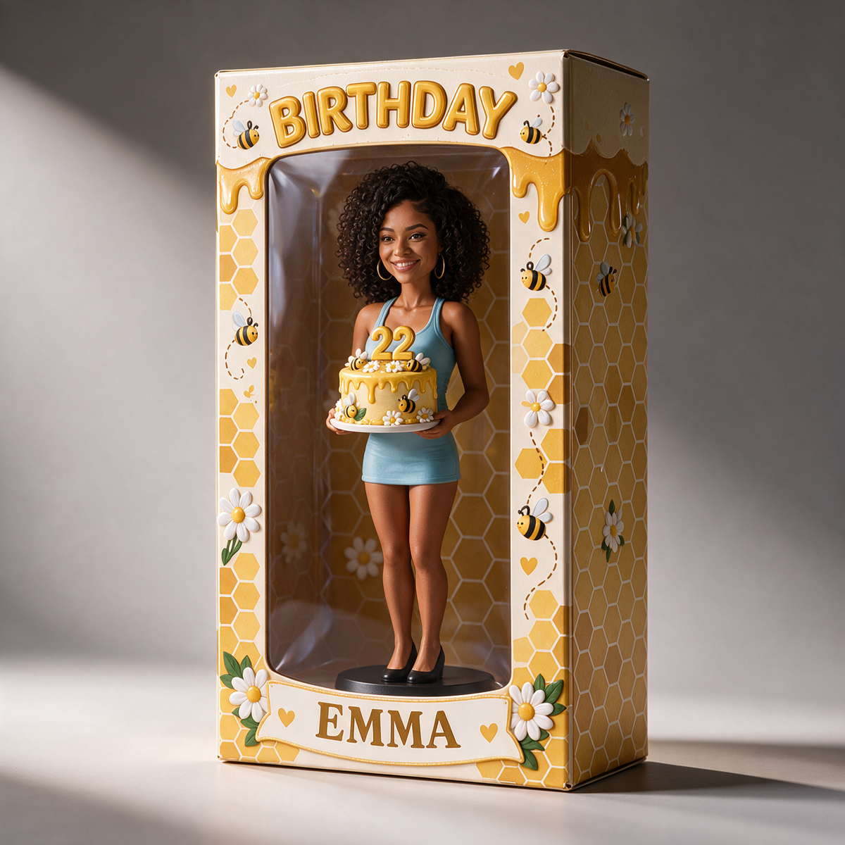 Personalized Birthday Display Box - Portrait Figurine, Bee Cake, Name and Age