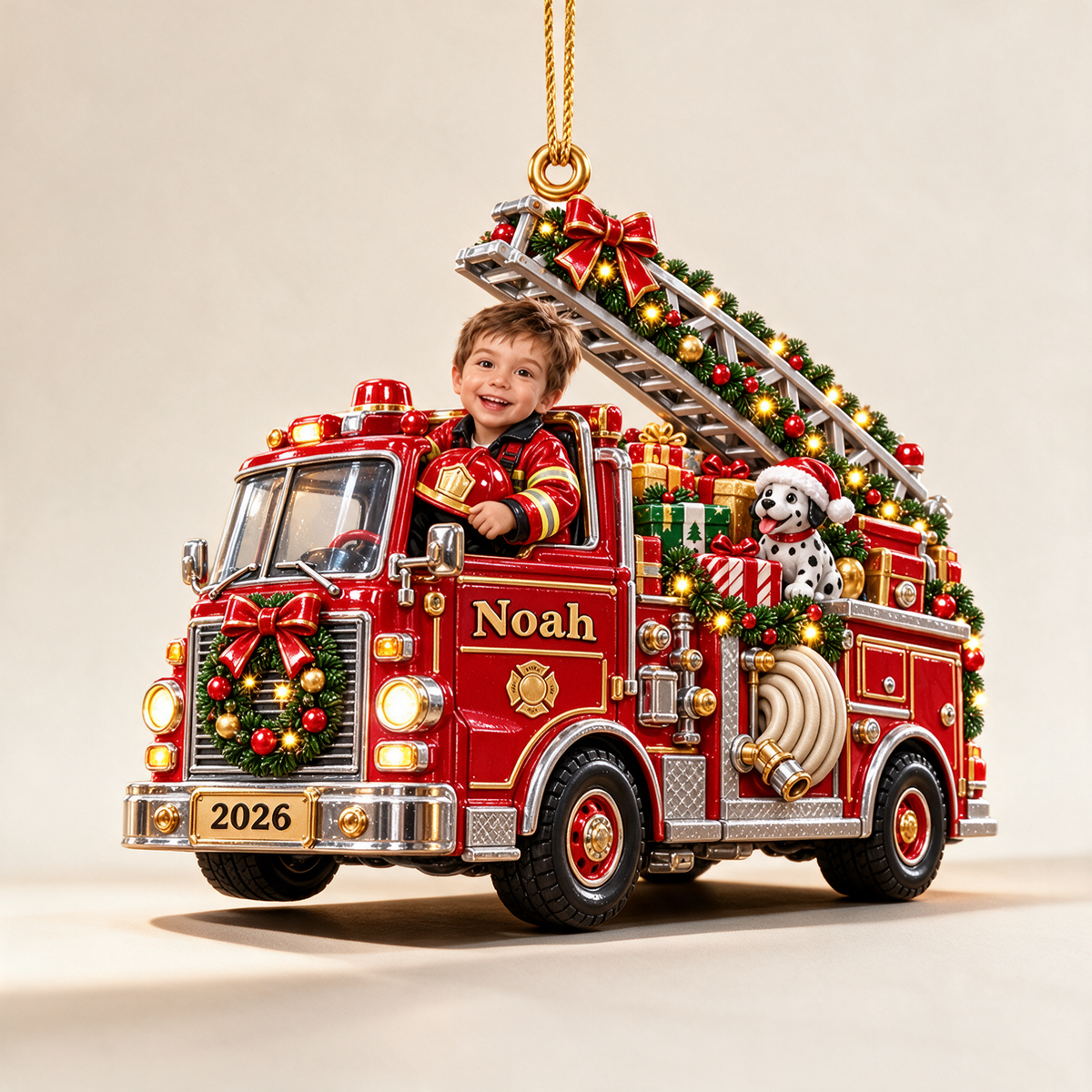 Personalized Custom Photo Fire Truck 3D Ornament - 2026 Christmas Gift for Boys