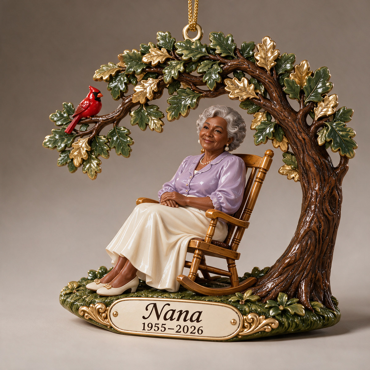 Personalized Custom Photo Oak Tree Rocking Chair Memorial 3D Christmas Ornament - Grandmother Remembrance Keepsake