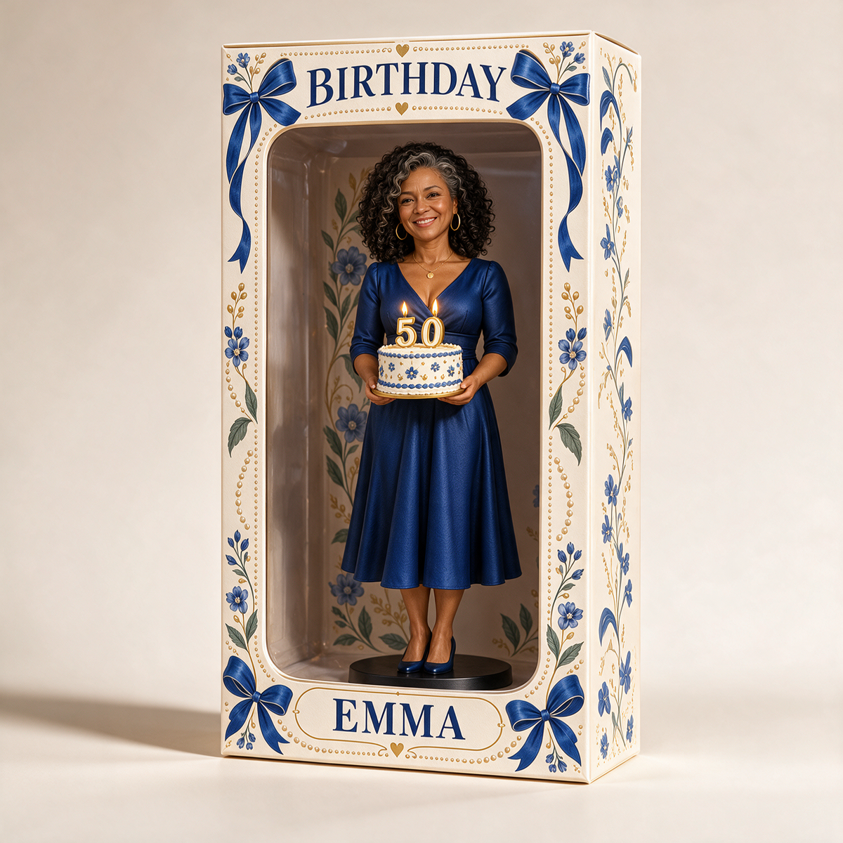 Personalized Custom Photo Blue Ribbon Figurine Display Box - 50th Birthday Gift for Women