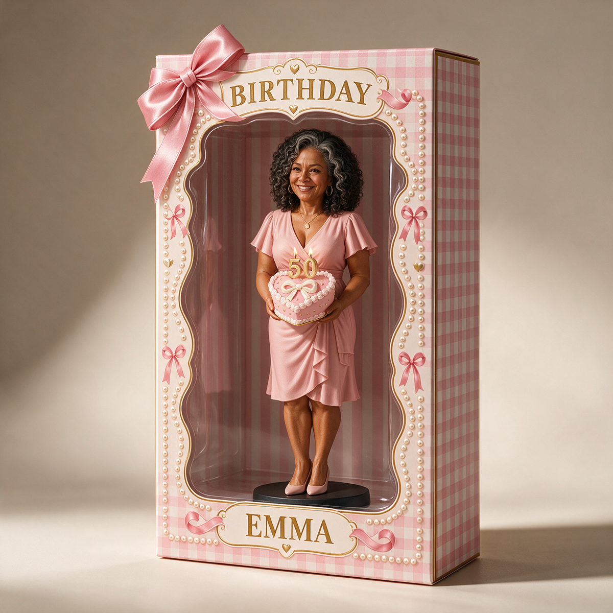 Personalized Custom Photo Pink Bow Figurine in Acrylic Display Box - 50th Birthday Gift for Women