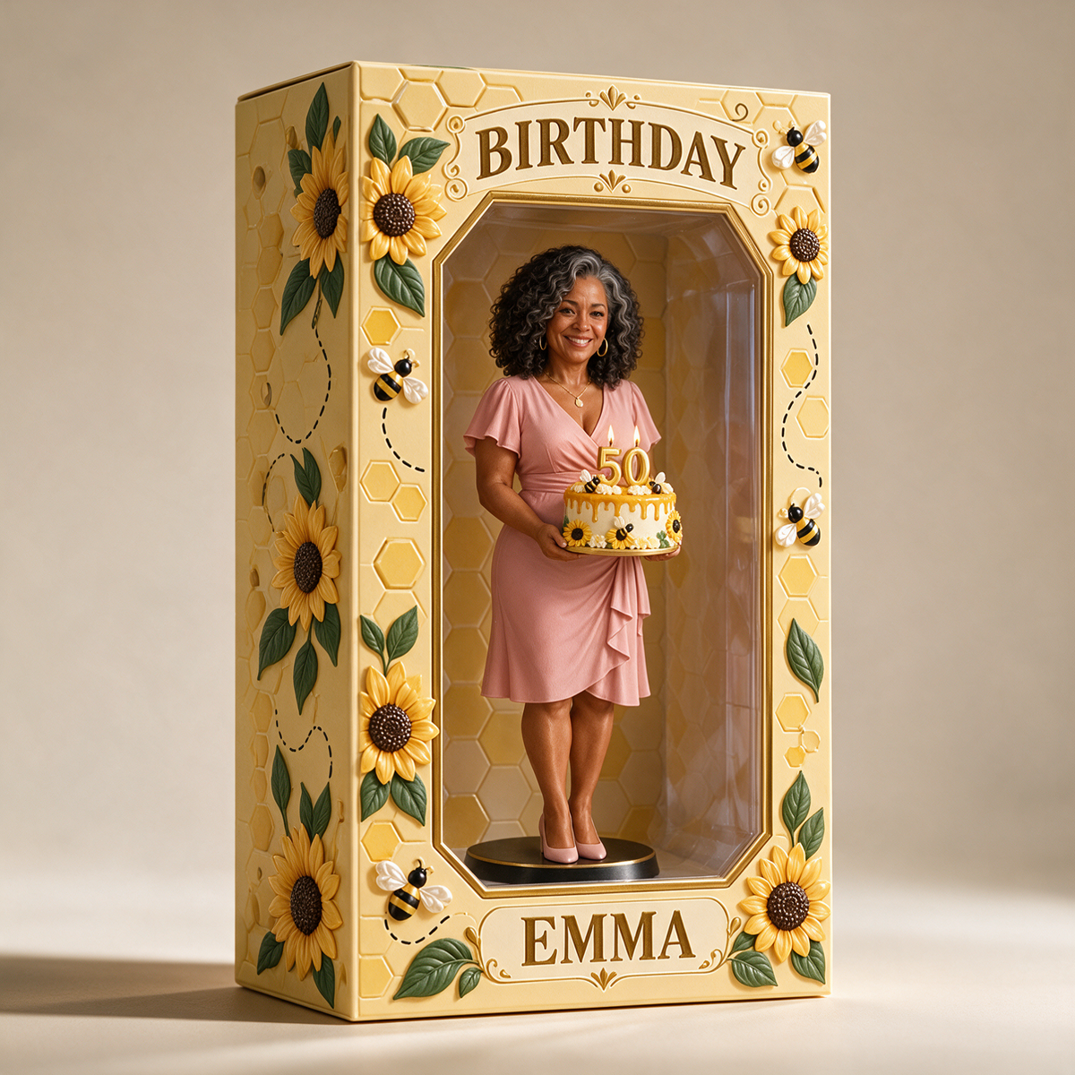 Personalized Custom Photo Sunflower Bee Figurine in Acrylic Display Box - 50th Birthday Gift for Women