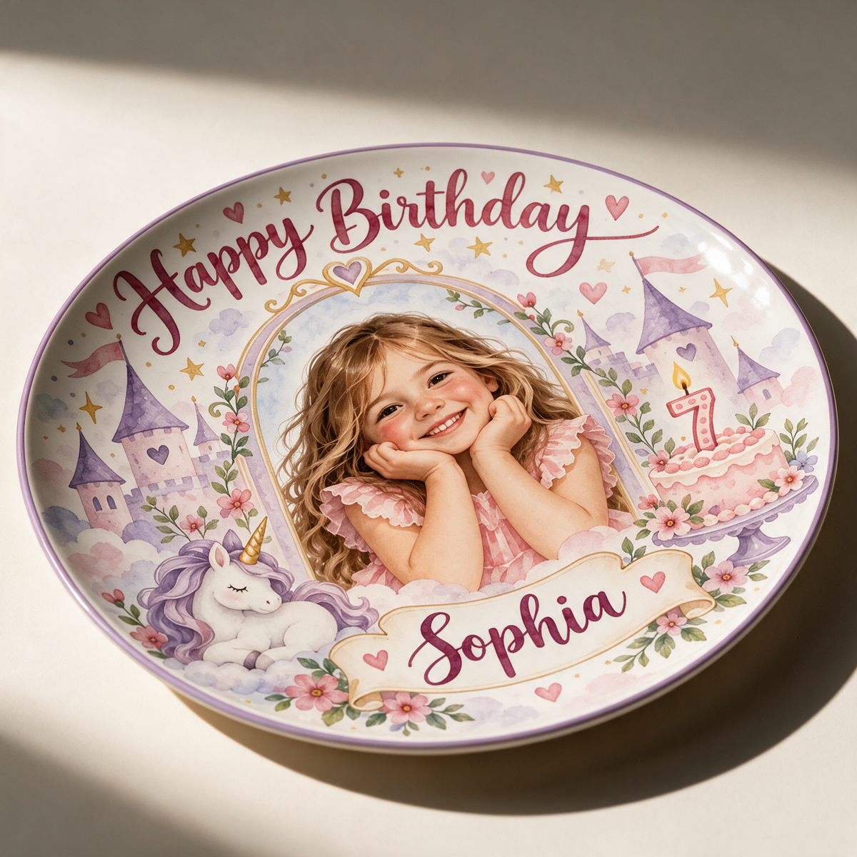 Personalized Unicorn Ceramic Round Plate - Princess Birthday Portrait, Custom Name and Age