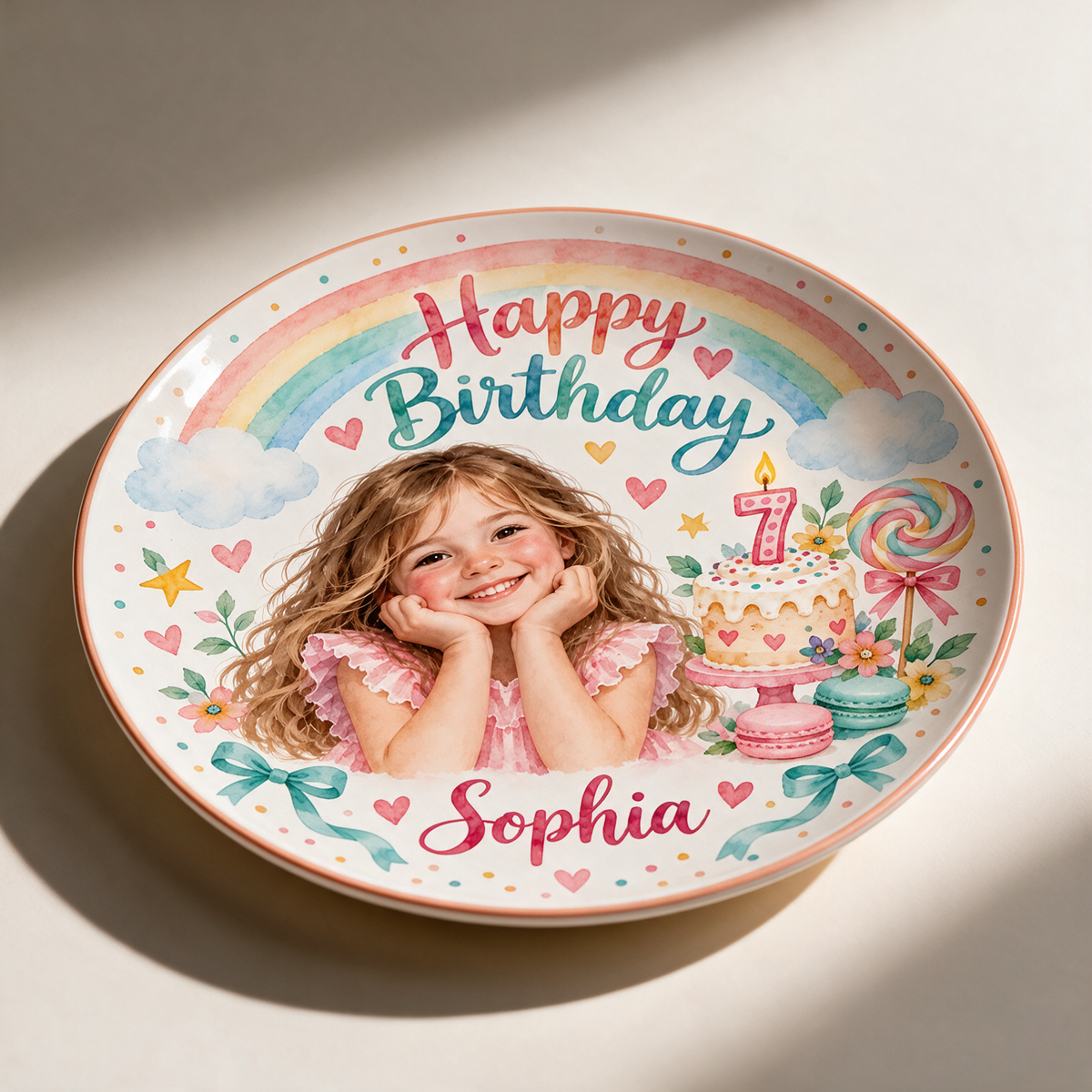 Personalized Birthday Ceramic Round Plate - Rainbow Watercolor Portrait Gift