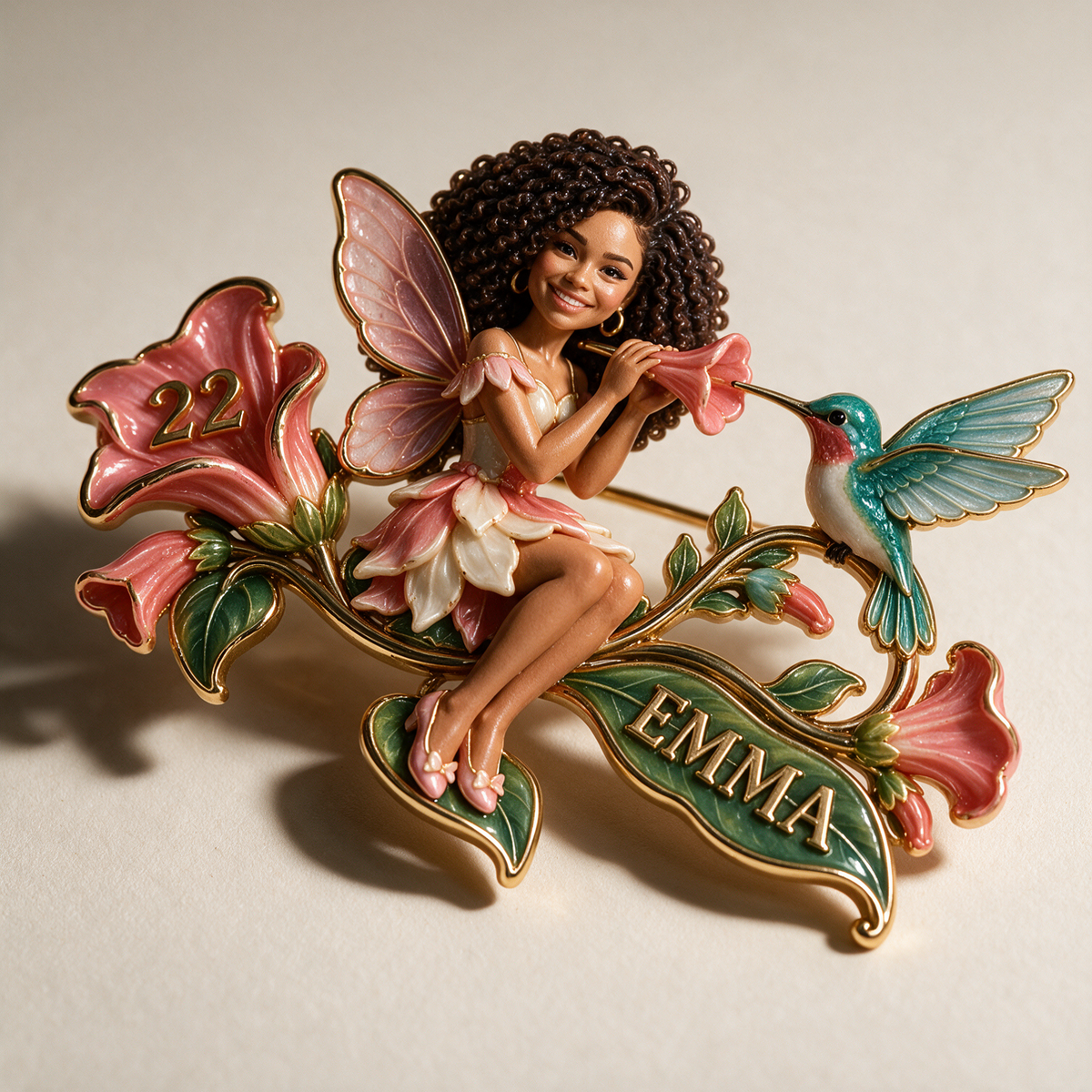 Personalized Flower Fairy Brooch - Birthday Gift with Custom Photo, Name and Age, Hummingbird and Trumpet Flowers