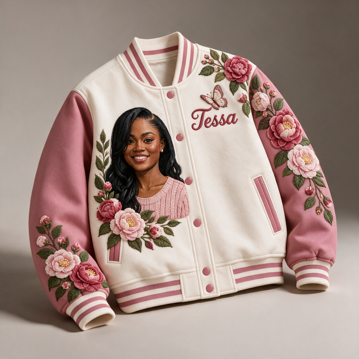 Personalized Camellia Varsity Jacket - Women's Embroidered Portrait and Name Design