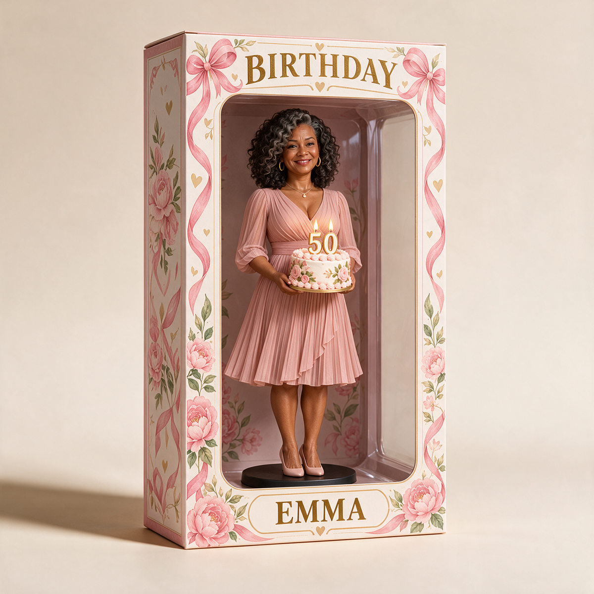 Personalized Custom Photo Pink Ribbon Figurine Display Box - 50th Birthday Gift for Women