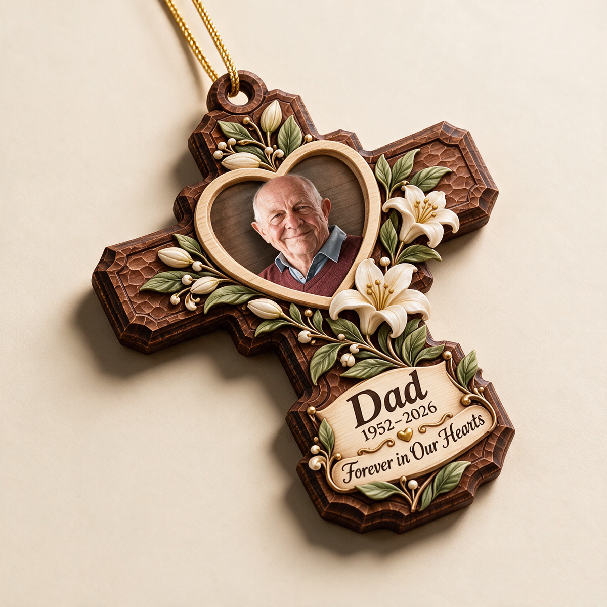Personalized Custom Photo Dad Memorial Cross Layered Wood Ornament - Christmas Remembrance Keepsake