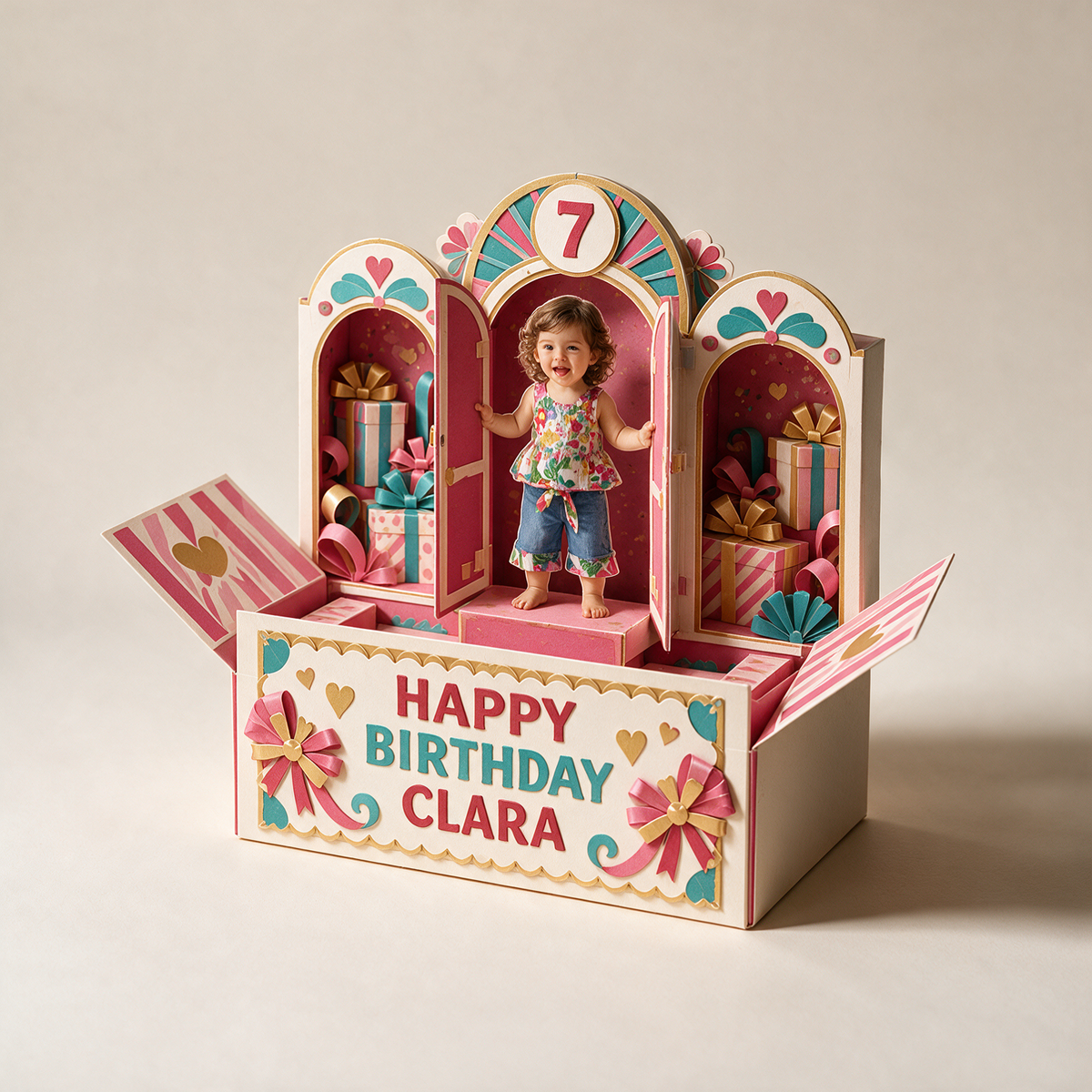 Personalized Birthday Pop Up Box Card - Arched Windows with Custom Photo, Name and Age