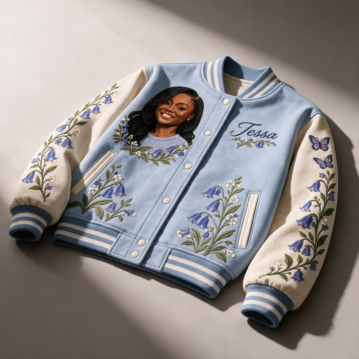 Personalized Bluebell Varsity Jacket for Women - Embroidered Portrait and Name