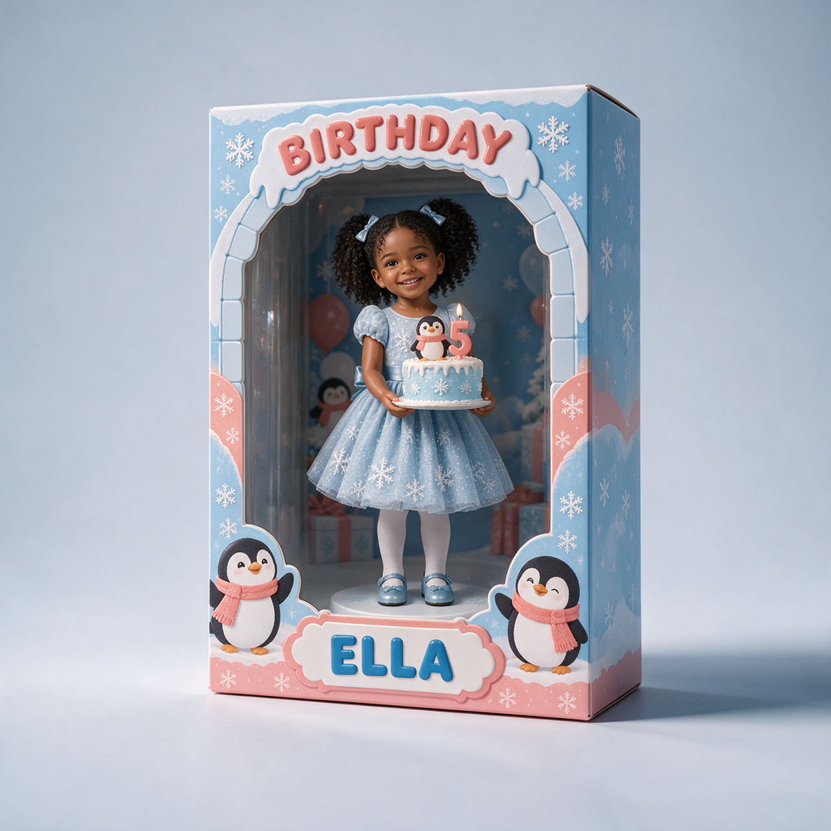 Personalisierte Acryl-Displaybox mit Foto-Pinguin - 5. Geburtstag Geschenk für Mädchen