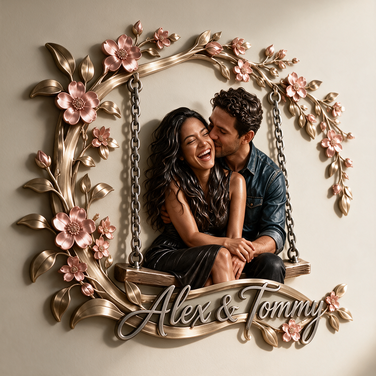 Art mural en métal 3D personnalisé avec photo florale - Cadeau pour couples